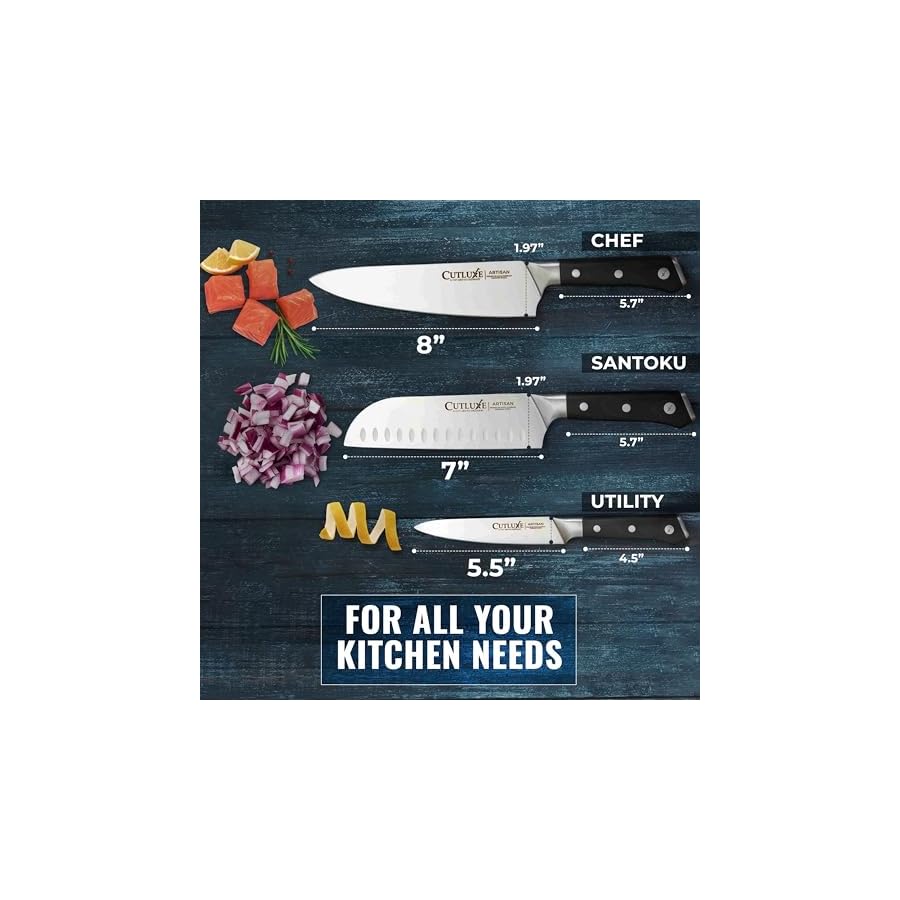 Cutluxe Chef Knife Set, 3 PCS Professional Chef's Knife Set – Razor Sharp German Steel, Full Tang, Ergonomic Handles - Artisan Series