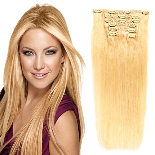 Clip in Real Human Hair Extensions Straight Bleach Blonde (#613) 7 Pieces 80 Grams/2.82oz (16", 613)