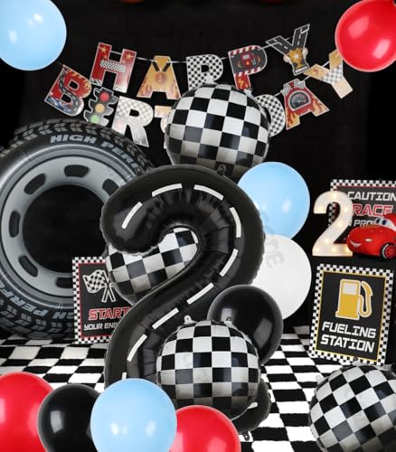 Image of Race Car Balloon Bundle 20 Pcs Checkered Balloons Latex Balloon Blue Red Black Boy One Happy 1st 2nd Vintage Fast One Two Fast Theme Race Car Birthday Party Decor Supplies Kit