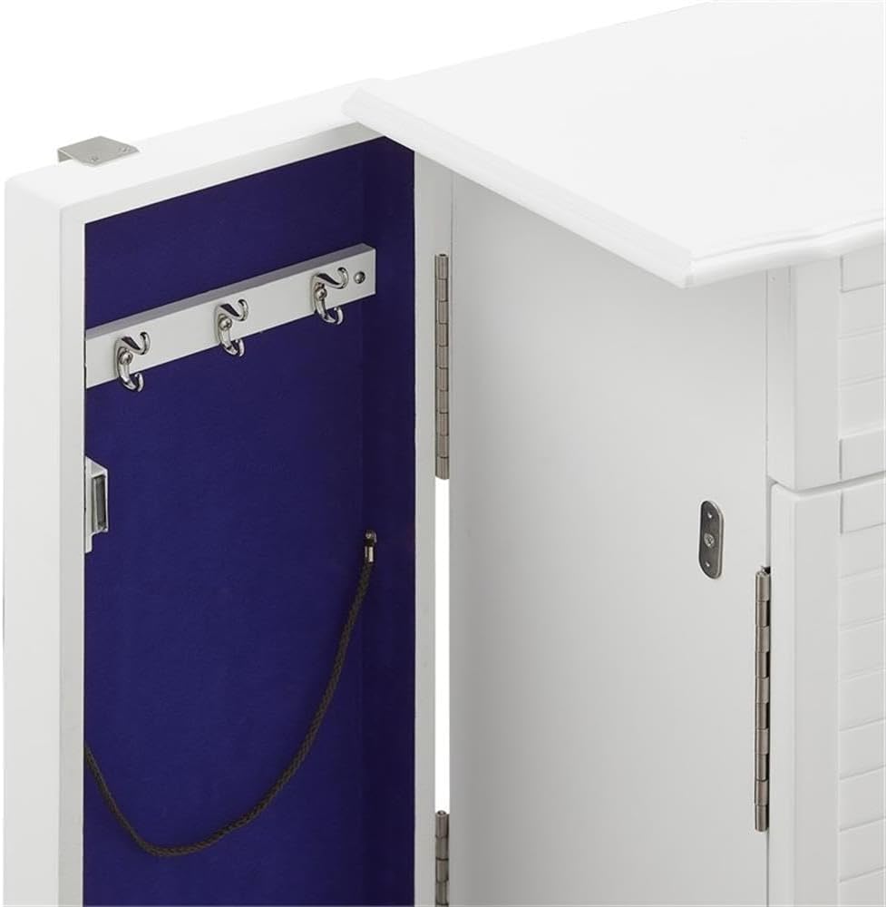 Pemberly Row 4-Drawer Wood Jewelry Armoire, White and Blue Finish, Flip Top Vanity Mirror, Felt-Lined Storage, Modern Coastal Style, 35.5" H x 13" W x 9.5" D, Compact Organizer for Chains, Bracelets,