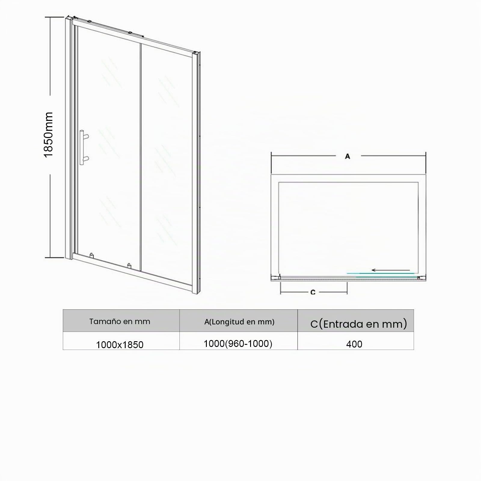 SONNI Puerta corredera de ducha de 100 cm, mampara de ducha de cristal, altura de 185 cm, cristal transparente