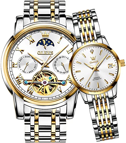 OLEVS Couple Pair Watches Set Automatic Mechanical Self Winding Dress Matching Watch for His and Hers Valentines Day Gifts