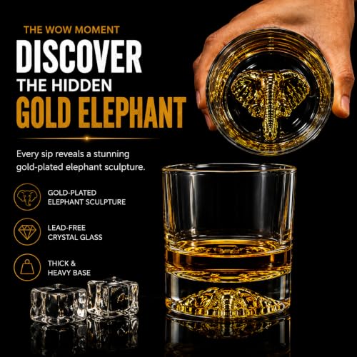 Image of Melbify Elephant Whiskey Glass | Set of 4 | 300 ml| Whiskey Glass Gift Set| Golden Whiskey Glasses|Big| Unique| Broad |Thick| Premium |Thick Bottom | Premium | Speciality Whiskey Glass | Gold Plated