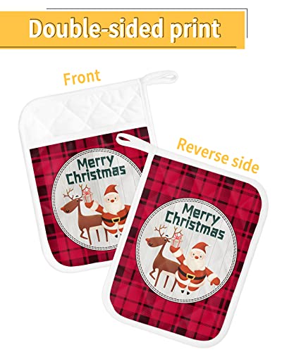Merry Christmas Santa's Reindeer Pot Holders With Pocket For Kitchen, Heat-Resistant Potholders Set Of 2, Hot Pads Oven Mitts With Hanging Loops For Home Cooking Baking Microwave, Buffalo Check #TOP1