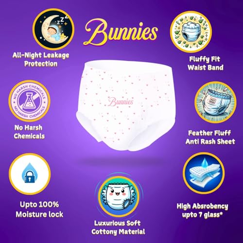 Image of Bunnies Premium All Night Absorb Pant Style Baby Diapers, Medium (M) Size 7-12kg, Pack of 12 Ultra Soft Babies Diapers with Leakage Guard & Anti-Bacterial with 12 Hours Absorption