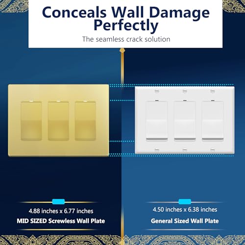 Image of LIDER Decorator Switch Cover, Screwless Wall Plate, Mid-Size 3-Gang 4.88 inch x 6.77 inch, LSWP-33M-GD, UL Listed, Thermoplastic, Matte Gold, 1-Pack