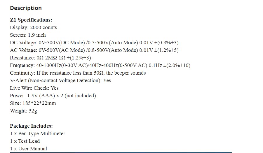 Z1 Digital Multimeter Universal MeterVoltmeter Test Pen, BLACK