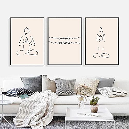 Línea minimalista carteles corporales impresiones posturas de yoga lienzo pintura inhale exhale cita cuadros de arte de pared para sala de estar decoración del hogar sin marco-40x50cmx3