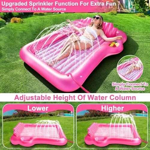 Inflatable Tanning Pool Lounger Float with Sprinkler, 71" x 47" Large Pool Floats Adult with Pillow Cooler Tray, 6 in 1 Suntan Tub Raft Floatie Sunbathing Bed Water Summer Backyard Fun L-Pink by TURNMEON - Used condition - Image 2