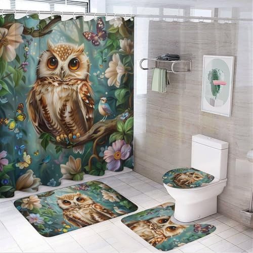 HDESDIS 4Pcs Cartoon Owl Bird Shower Curtain Set, Fantasy Jungle Tree Floral Butterfly Bathroom Decor Set with Rug Bathroom Accessory Bathroom Curtain Shower Set, 72