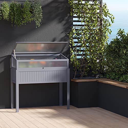 Outsunny Raised Wood Cold Frame Greenhouse, Elevated Planter & Plant Protection Box, 2-in-1 for Flowers, Vegetables, Herbs, Grey - Image 3