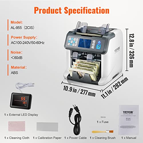 Vevor Money Counter Machine, Bill Counter With Mixed Denomination, 2Cis, Sn, Uv, Ir, Mg, Dd Counterfeit Detection, Multi Currency, Value Counting Cash Counter And Sorter, Printer Enabled #TOP6