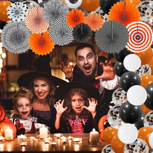 Image of Rozi Decoration Halloween Theme Balloons Garland Decorations Items with Black & Orange Hanging Paper Fan Decorations for Halloween Theme Birthday Parties Decorations Pack of 90 Pcs