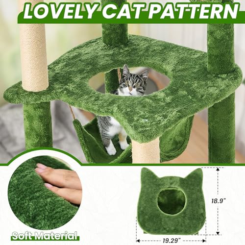 55 Inch Large Cat Tree Tower for Indoor Cats with Hammock Green Leaves Sisal Scratching Post, Plush Hang Ball Play Furniture for Kittens & Adult Cats, Green - Image 4