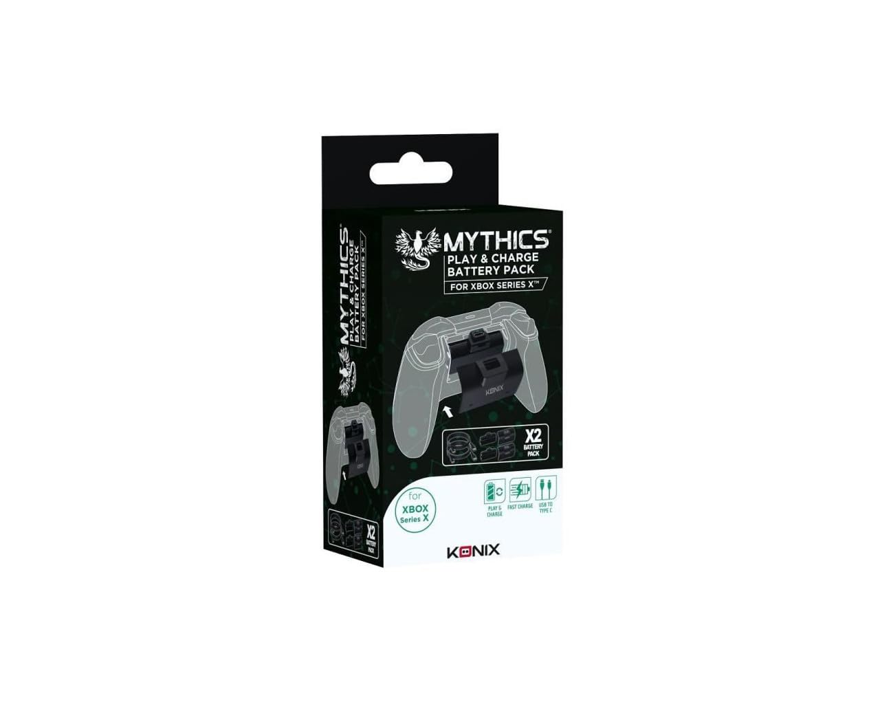Konix Mythics Kit de Batterie Rechargeable pour Manette Xbox Series X | S - Charge Rapide - Connexion USB - Câble 2 m - Noir