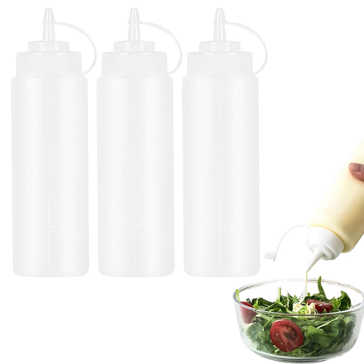 Squeeze - Bottiglia di salsa, 3 pezzi, 500 ml, in plastica, con cappucci, senza BPA, senza perdite, dosatore, per bottiglie di ketchup, dispenser per salsa, bottiglia per spezie