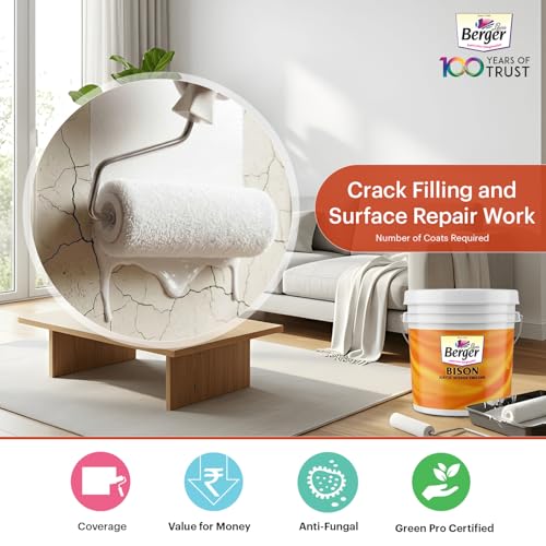 Image of BERGER Bison Interior Emulsion Paint for Walls and Ceilings with Anti-Fading Properties Acrylic Based Washable & Durable Rich Smooth Matt Finish (10Ltr, White)
