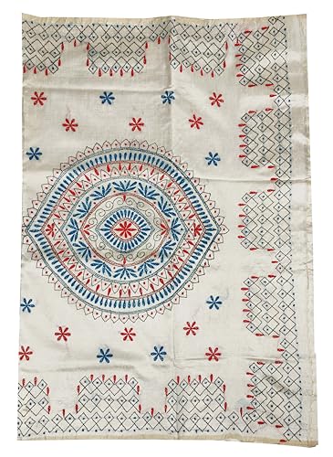 Image of SHRISTI CLOTHINGS Women's Hand Embroidered Cotton Silk Kantha Stitch Saree with Blouse Piece (SB420324 TWD76)