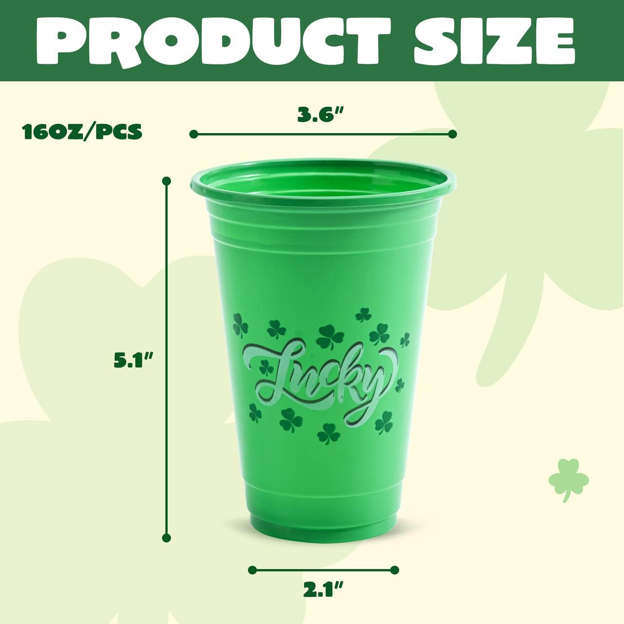JOYIN 72 Pcs St.Patrick‘s Day 16 oz Cups, Green Disposable Plastic Lucky Clover Cups for Saint Patrick Party Supplies Set, Irish Lucky Day Party Decoration