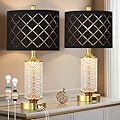 QiMH Set of 2 Table Lamps with USB A+C Ports, Black Grid Shade Modern Bedside Lamp with LED Night Light for Bedroom, Nightstand Lamps for Living Room Office, Gold(2 Bulbs Included)