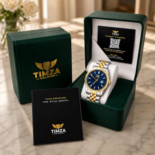 Image of Classic Blue Dial Quartz Watch for Men with Stainless Steel Two Tone Bracelet (Silver-Golden), Magnified Date Window & Water Resistant Build