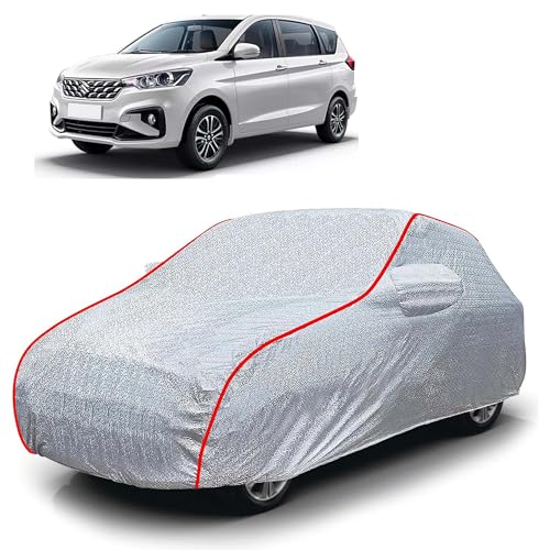 Image of Sulfar 100% Waterproof Car Body Cover Compatible with Mirror for Maruti Suzuki Ertiga (Triple Stitched, Full Bottom Elastic, Magic Silver with Red Piping)