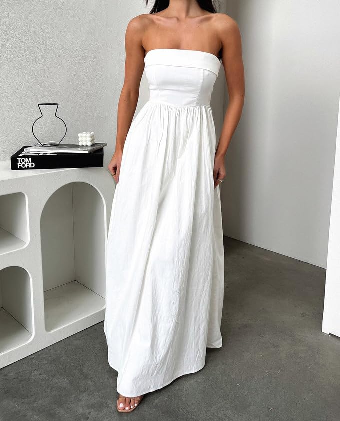 Women Summer Strapless Maxi Tube Dress 2024 Trendy Solid Pleated Flowy Dress Wedding Guest Maxi Dresses Party Club2