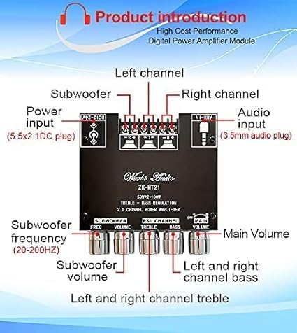 Image of SP Electron Bluetooth Power Amplifier Board with Subwoofer 2.1 Channel 50Wx2+100W, 12V-24V Audio Power Amplifier Module with Treble and Bass Control for DIY Bluetooth Audio and Store Home Theater