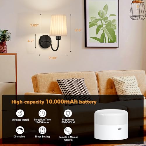 Image of Battery Operated Wall Sconce Set of 2, Rechargeable Wall Sconces with 10000mAh Dimming Magnetic Bulb, Wireless Battery Powered Wall Lights with Pleated for Bedroom Living Room Gallery Hallway,Black