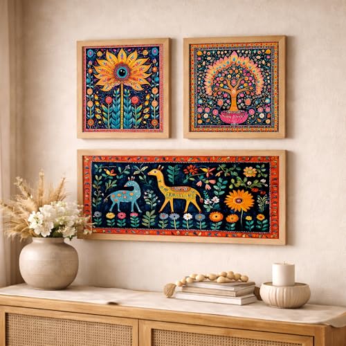 NoWorries Madhubani Art Big Wall Paintings For Living Room, Bedroom/Pichwai frames for wall decor - Traditional Indian Art Framed Paintings For Home Decor and Cafe decor/ Minimal art framed posters for wall decoration