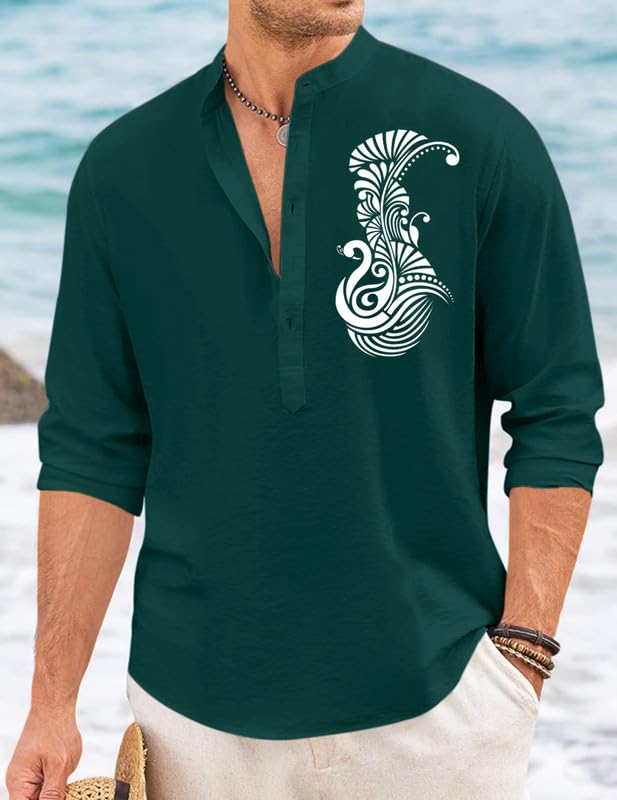 Image of FINIVO FASHION Men's Printed Cotton Blend Short Kurta with Artistic Chest Design | Stylish Full Sleeve Casual Kurta with Mandarin Collar for Daily, Travel Soft Textured