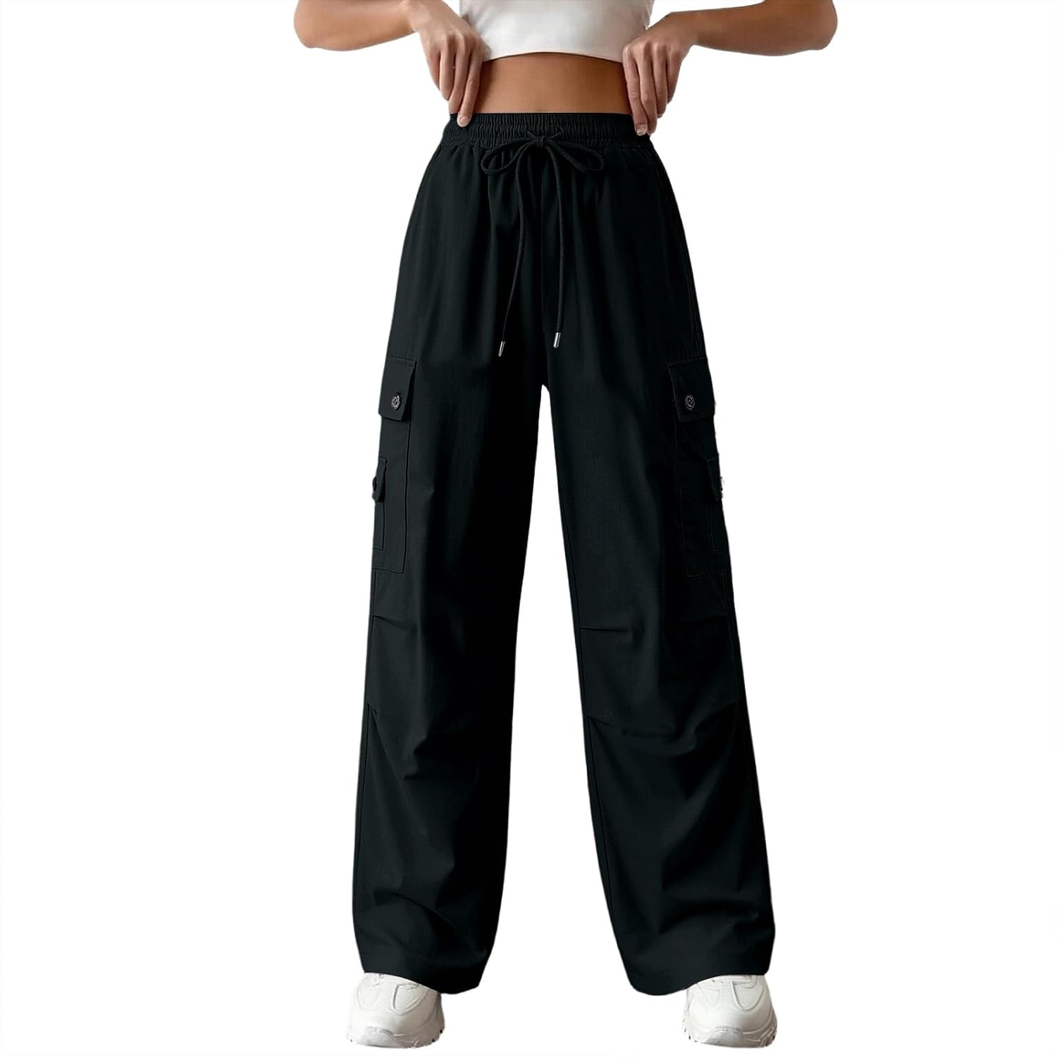 Cargo Pants for Women with Pockets Drawstring High Waist Lightweight Hiking Casual Streetwear Baggy Wide Leg Pants
