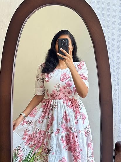Image of Women's Floral Printed Tiered Midi Dress, Puff Sleeves, Square Neck, Button-Front