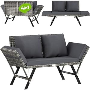 CASARIA® Polyrattan Tuinbank Ligbed Tuin Kussens Verstelbare Armleuningen Loungebank Ligstoel Buiten Terras Balkon Bank
