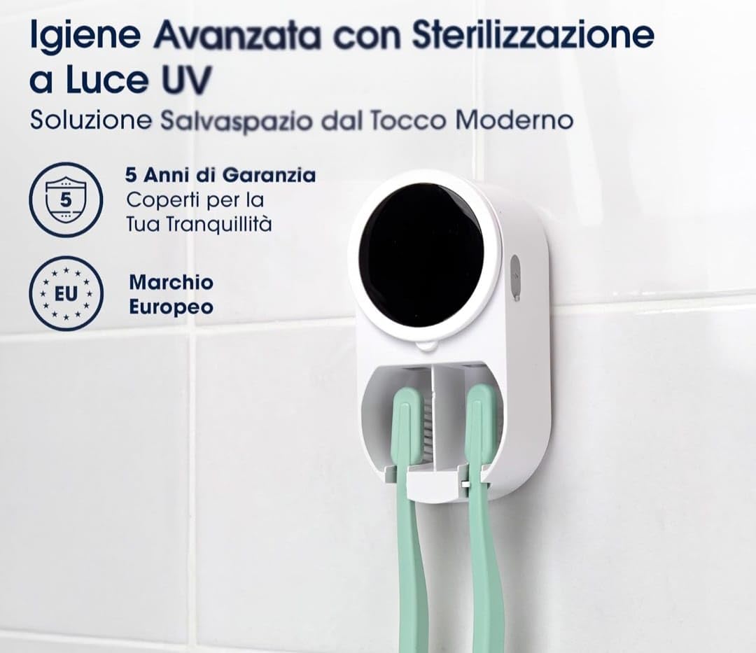 Porta Spazzolino da Parete con Sterilizzatore UV, Bianco, Ricarica USB-C, Disinfezione Automatica ogni 3 Ore