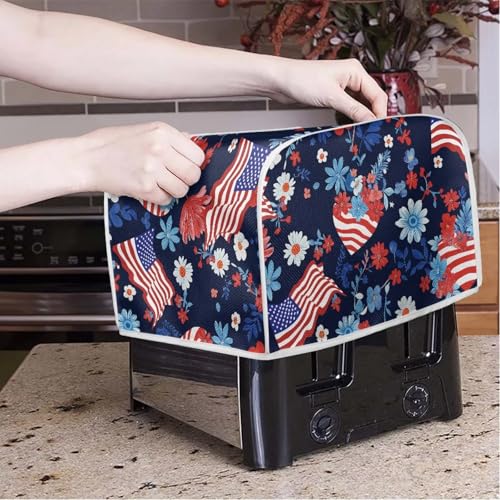 Image of American Flag Eucalyptus Flower 2 Slice Toaster Dust Cover with Top Hook Toaste Oven Dust Protection Cover for July 4th Independence Day Decor