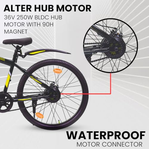 Image of Alter 26 inch 002S Model Electric Cycle with 36V 250W BLDC HUB Motor with Waterproof Connector | Lithium ION Battery in Frame | 95% PREASSEMBLED with Charger (Yellow, 5.2AH)