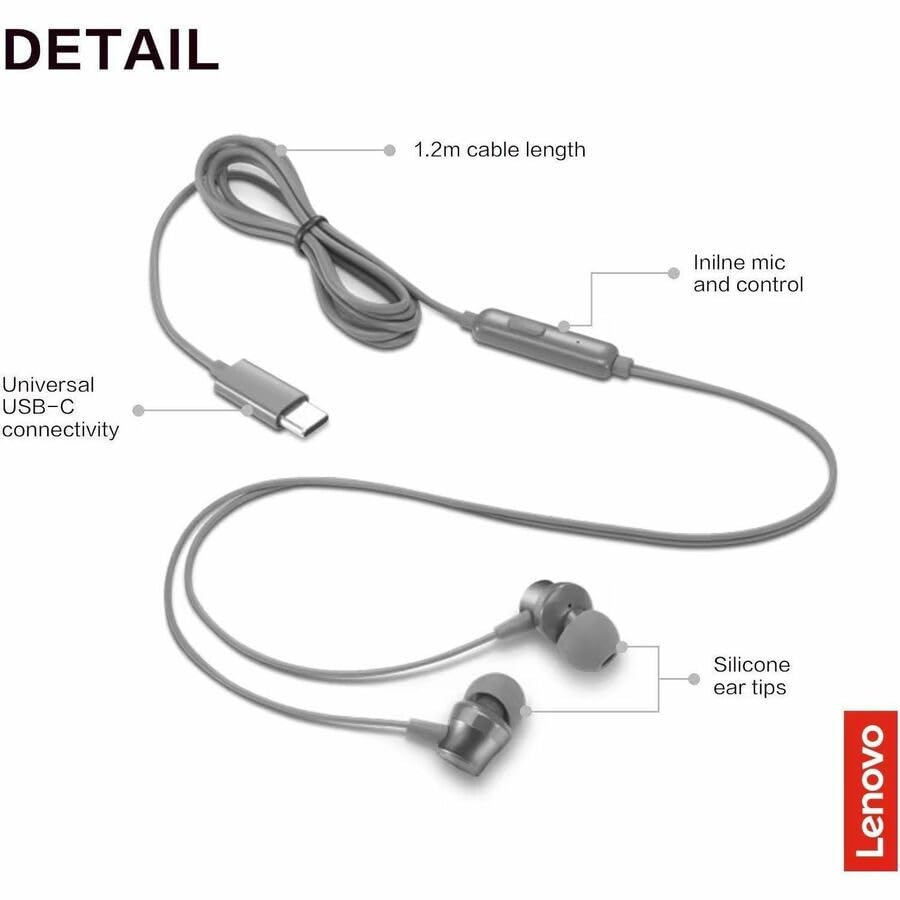 Lenovo 300 USB-C Earphone - Grey 300 USB-C Headphones - Image 7