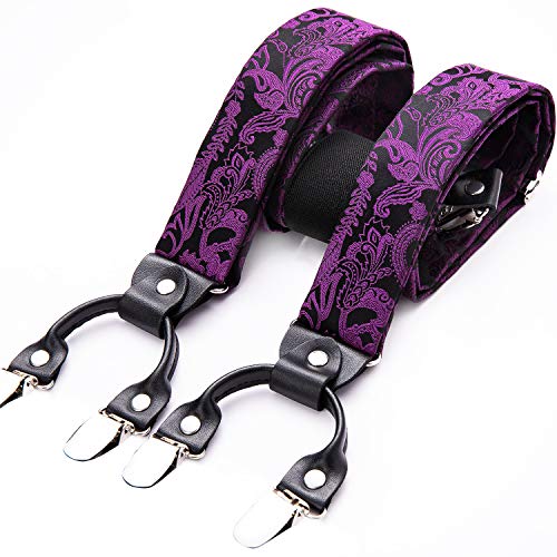 Image of Barry.Wang Men Suspender Set with Necktie Elastic Y Type Heavy Duty 6 Clips Braces Tie Handkerchief Cufflink Pin 6PCS