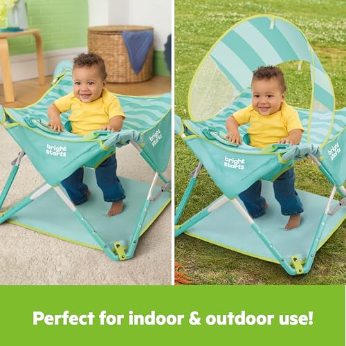 Image of Bright Starts Pop 'N Jump Portable Baby Activity Center, Indoor Outdoor Use, Lightweight, Carrying Bag, Canopy, 6-12 Months - Sky Stripes Blue