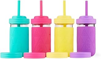 Elk and Friends Kids + Toddler Glass Cups | The Original 12oz Glass Mason Jar with Sleeves + Lids | Silicone Straws + Stopper | Smoothie Cup | Food Storage | Spill Resistant | Dishwasher Safe | 4 Pack