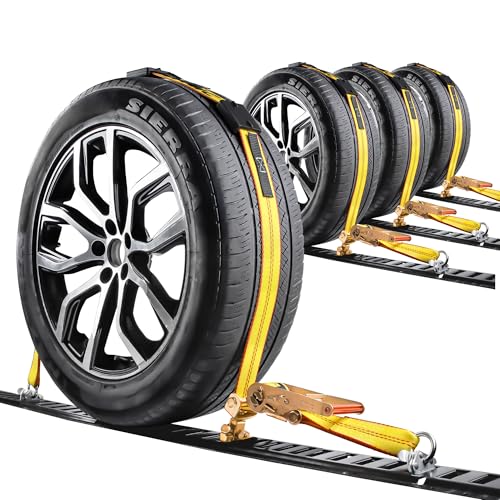 OXXTRIC E-Track Tire Straps,2 inch x 12 feet Car Hauler Straps with E-Track Anchors and 3 Rubber Blocks Heavy Duty Wheel Tie Down Strap for Hauling Cars/Truck/UTV/Trailers-4Pack