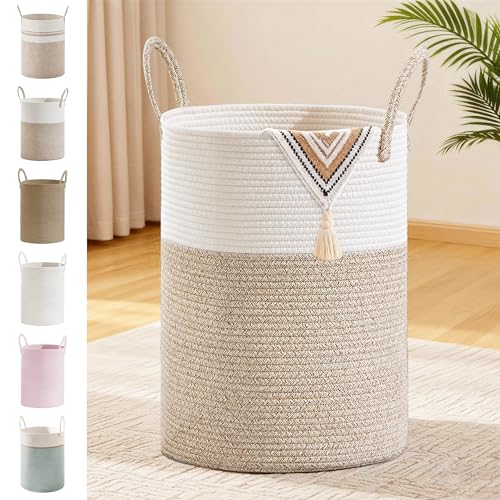 Image of 72L Large Tall Cotton Rope Laundry Basket with Handles, Brown