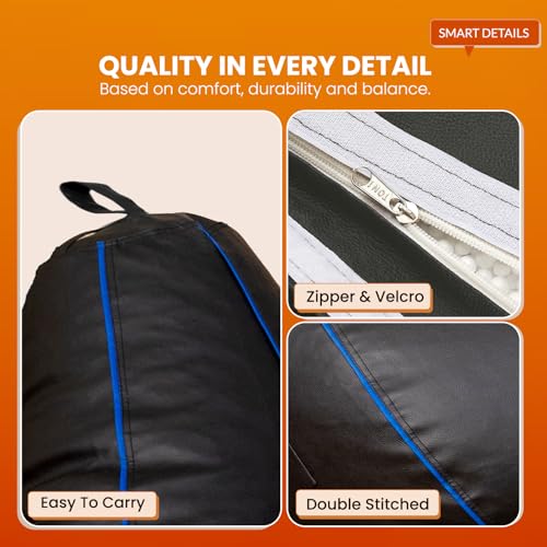 Image of Sattva Classic 2XL Sofa Style Bean Bag Chair with Beans Filled | Faux Leather Bin Bags Sofa Set Chair with Beans Filling | Beam Bag, Large Beanbags for Home & Office - Black with Royal Blue Piping