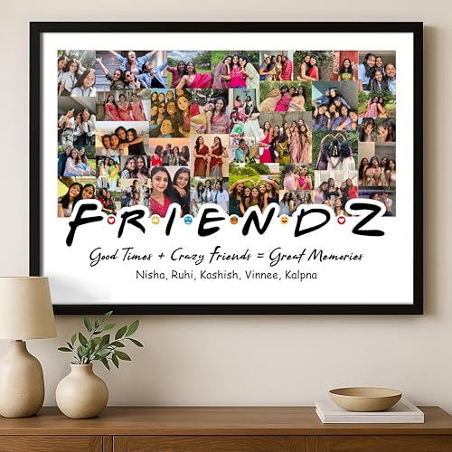 Image of Personalized FRIENDZ Collage Multiple Pictures Photo Frame Gift | Customised Glare-Free Wooden Frame for Best Friends, Girls, Boys, Couple, Cousins & Family | Birthday, Farewell & Anniversary | Travel Diaries, School, College Memories | Sizes - A4 /A3
