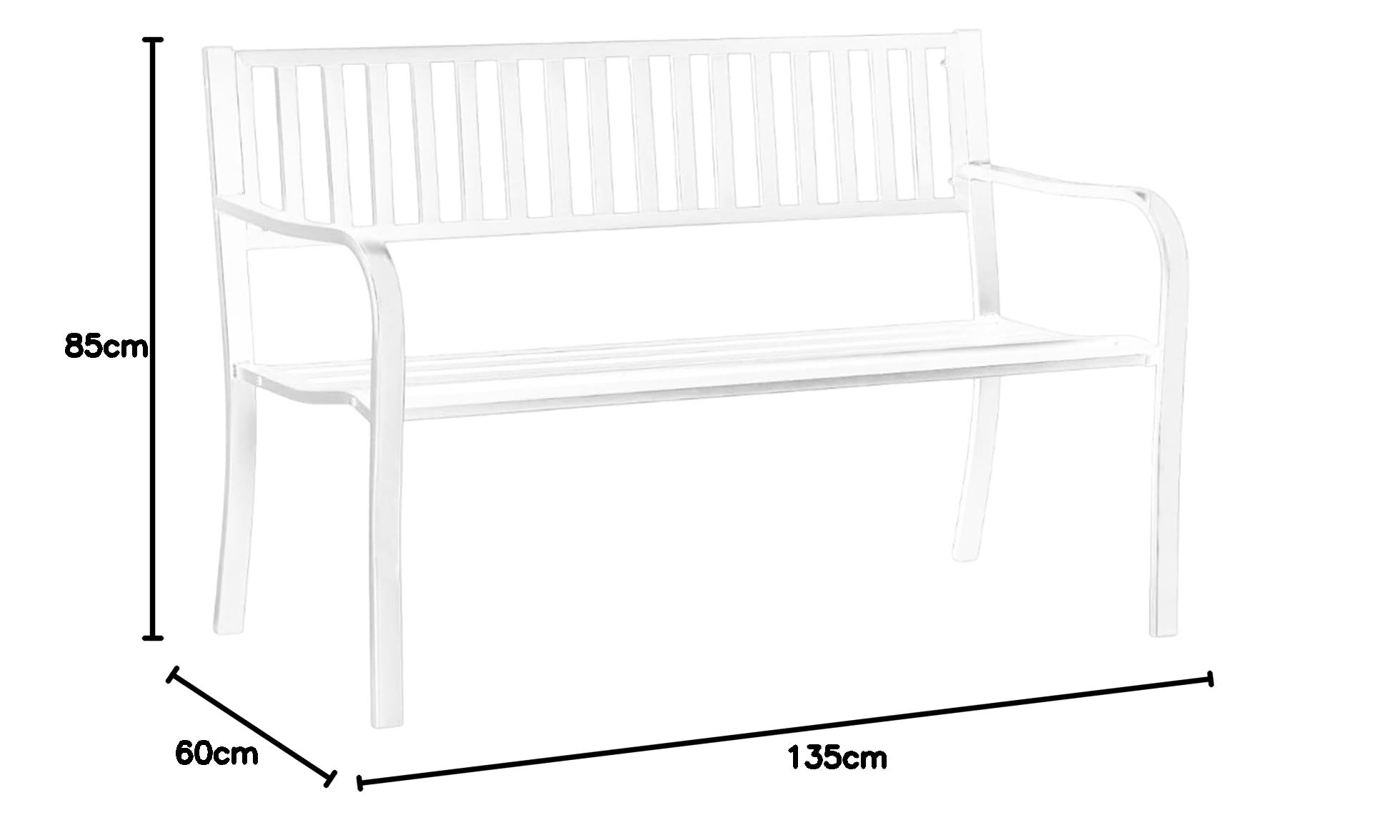 Marvin Panchina da Giardino 3 Posti in Metallo, Panca per Esterno Balcone Terrazzo con Schienale e Braccioli, mod. PIPE 135 x 60x 85cm (Bianco)