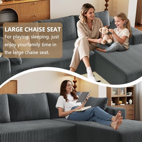 Image of 96 inch Modular Sectional Couch, Boneless L Shaped Cloud Sofa with Chaise Lounge, Corduroy Upholstered Couches Memory Foam Deep Seat, No Assembly Required, Ideal for Living Room(Dark Gray, Right Facing)