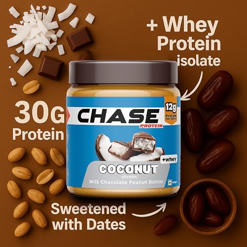 Image of Chase High Protein Peanut Butter Creamy 400g | With Isolate Whey & 120g Protein in Jar | 12g Per Serve | Milk Chocolate Coconut Flavour with Coconut Shreds | Nut Butter for Breakfast, Fitness & Gym