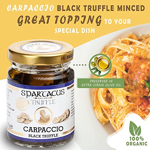 Spartacus Carpaccio Black Truffles, Preserved In Extra Virgin Olive Oil, Perfect Gourmet Condiment For Pizza, Pasta, Salads, Potatoes, Meat, And Eggs. Vegan Gift Idea (40 G) #TOP2