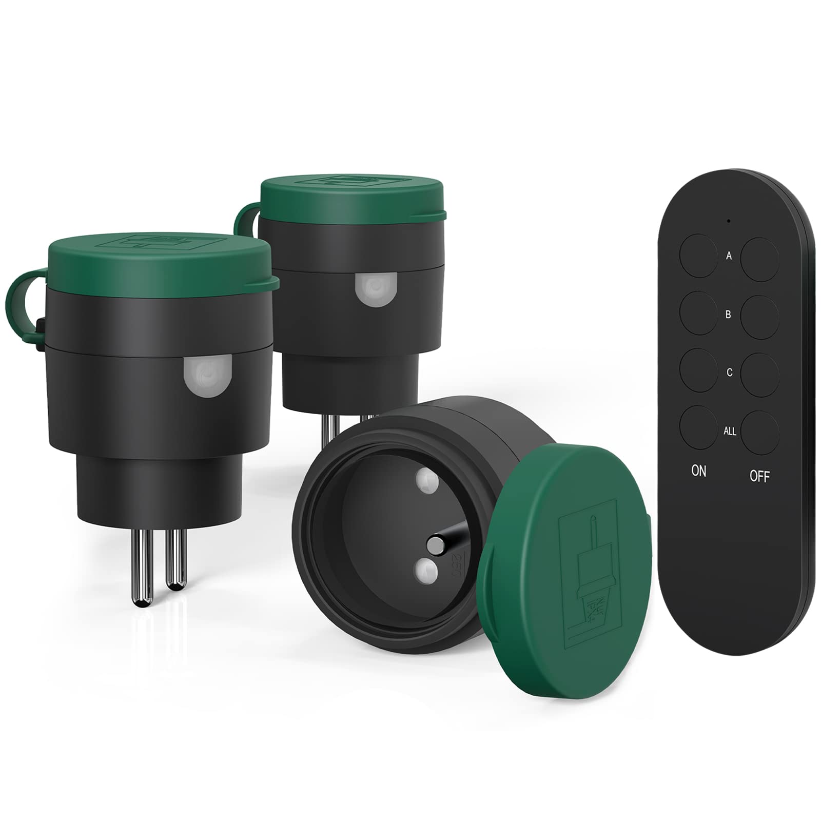 SURNICE Funksteckdose, Funksteckdosen für den Außenbereich, IP44, Reichweite 40 m, 2300 W, Plug and Play, All On/Off, Schwarz/Grün